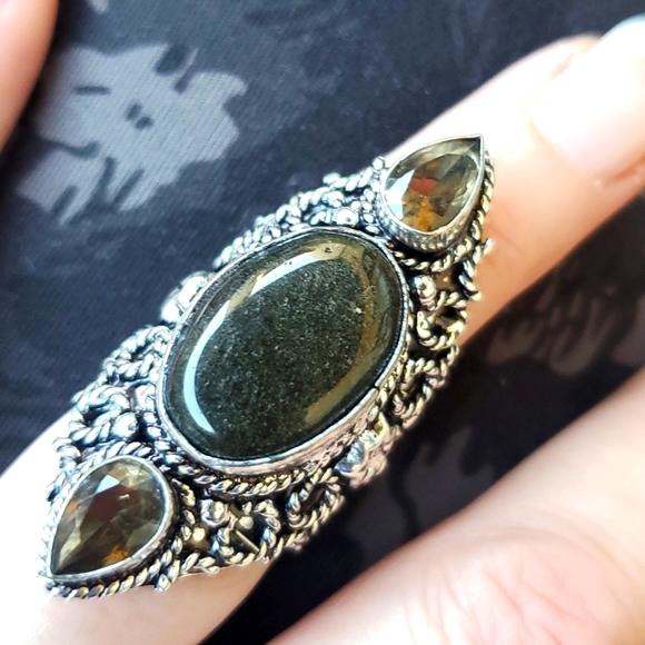 New Silver Sheen Obsidian & Smoky Topaz 925 Silver Statement Ring. - Picture 12 of 13